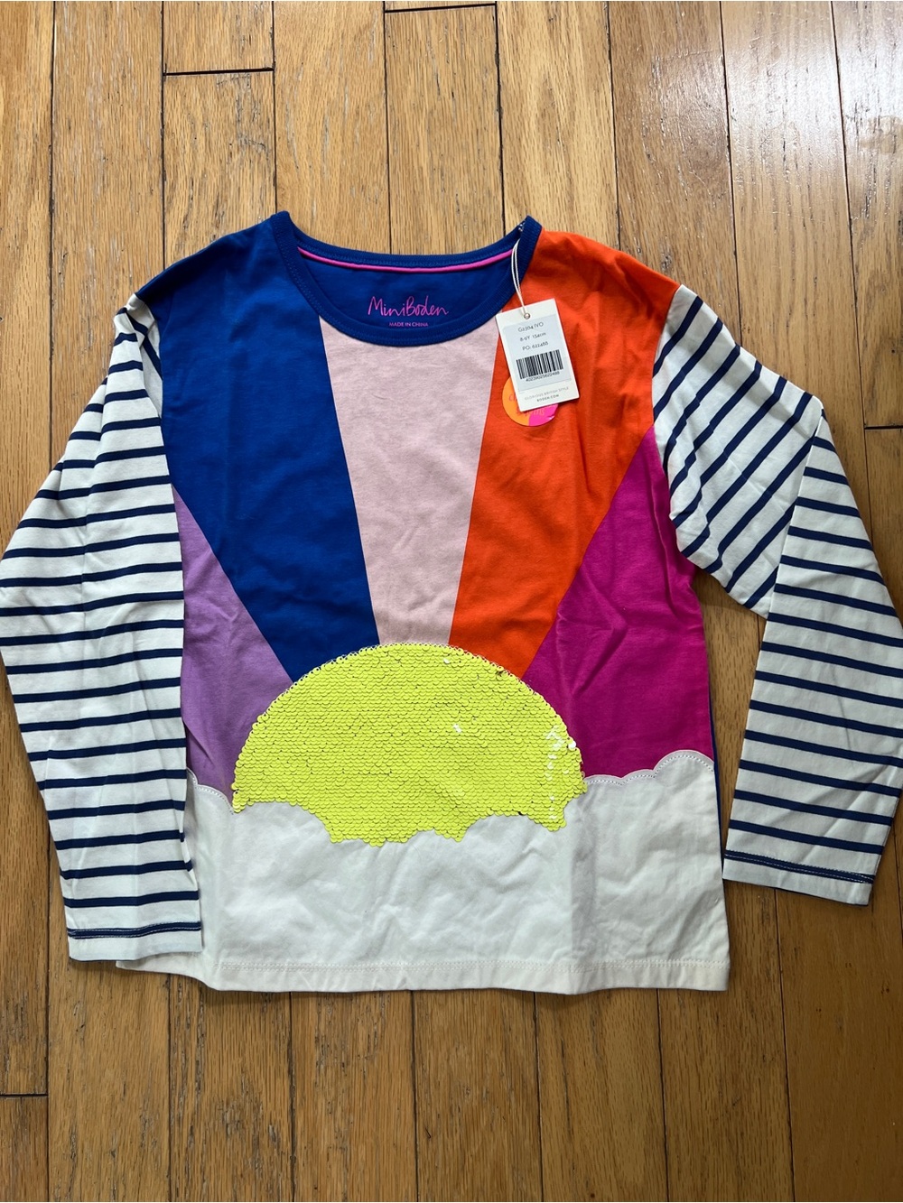 Mini Boden Girls' Colorblock Sunshine Sequin Tee - Navy, Yellow, Pink, Orange